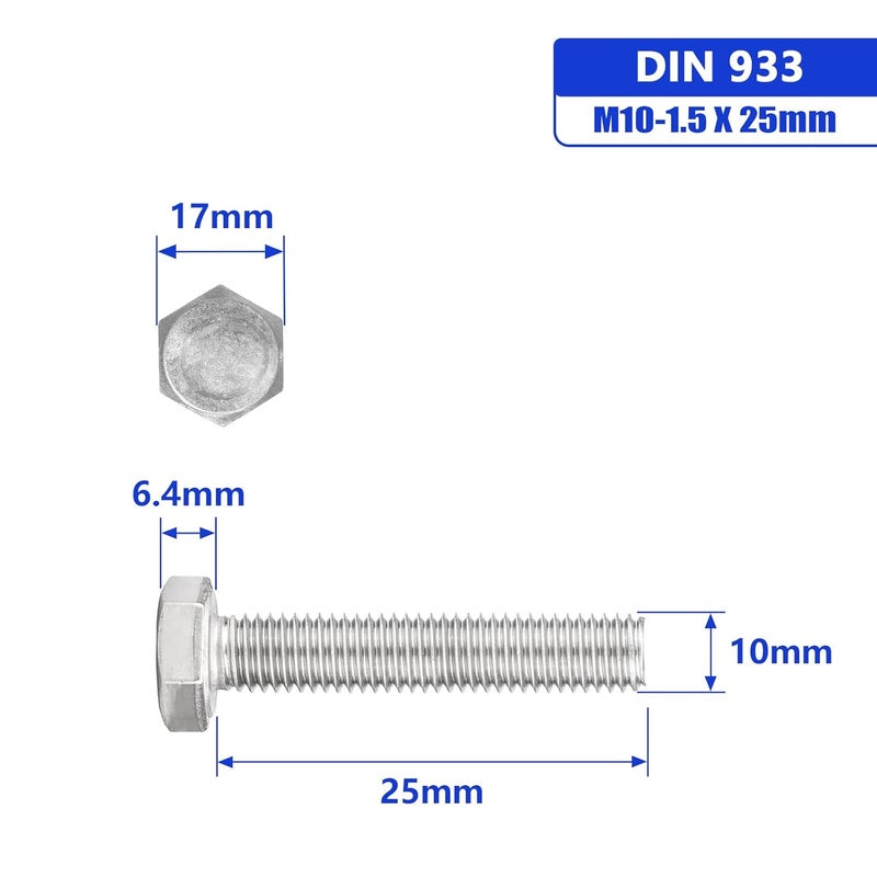 Instockbolts M10-1.5 X 25 Hex Head Screw Bolt, 304 Stainless Steel 18-8 Hex Head Bolts, DIN 933 Pack of 5 - Image 5
